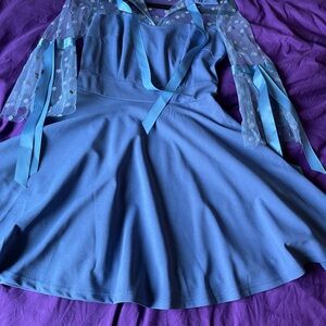 Blue Womens’ Party Dress with Polka Dot Sheer Sleeves